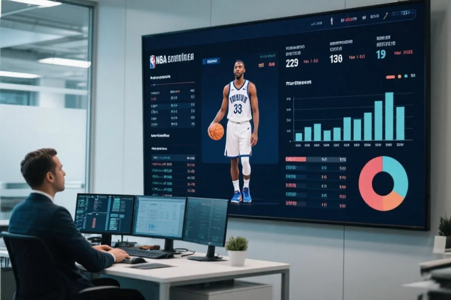 数据分析师在现代办公室使用大屏幕展示NBA球员的统计数据与图表